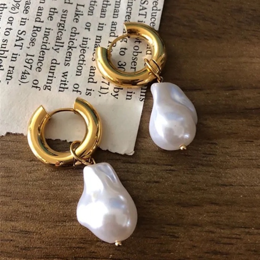 Keshi Big Baroque Pearl Chunky Hoop Earrings Stainless Steel